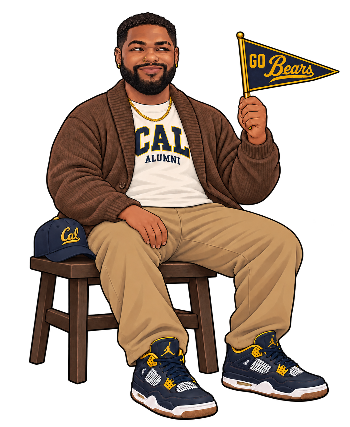 Raymon seated in a Cal cardigan outfit, holding a Go Bears pennant; his cap rests on the stool