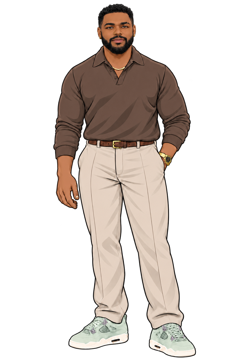 Starting illustrated look: espresso polo, stone straight-leg pants and seafoam Jordan 4 Abundance