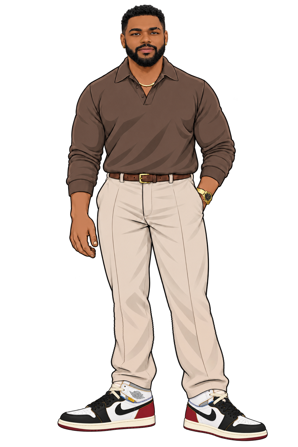 Illustrated proposed espresso polo and stone pants, with Union Jordan 1 Black Toe footwear